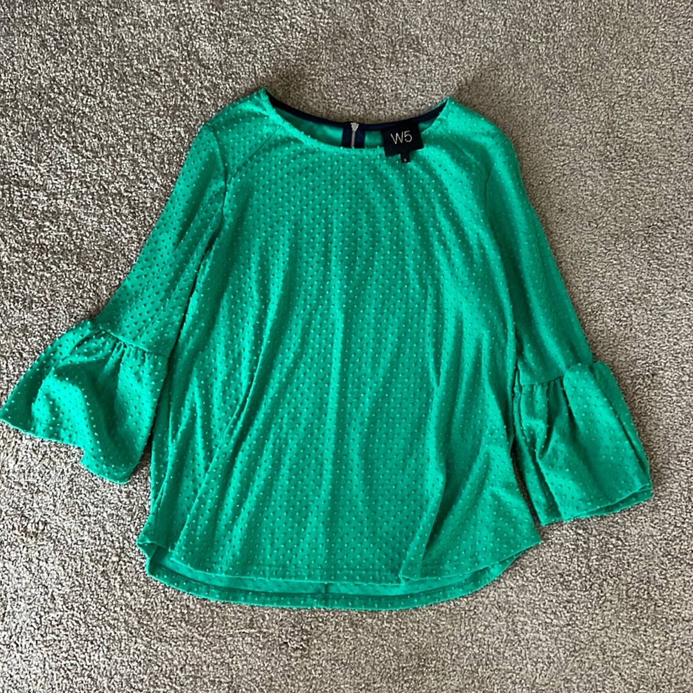 W5 green blouse, size small long sleeve with ruffle